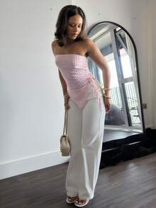 leahseptember Top sin tirantes con cordón y fruncido rosa para mujer - Rosa - Ver 4