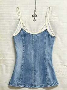INAWLY Women's Fashion Versatile Denim Effect Print Colorblock Camisole Tank Top - Multicolor - View 2