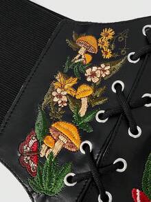 ROMWE Fairycore 1件裝女款黑色刺繡蘑菇葉草蛾圖案裝飾 Diablo PU皮革彈性材質哥德風六角腰封，洋裝牛仔褲配件，日常百搭萬聖節配件 - 黃蘑菇樹葉刺繡六邊形腰封 - 查看 2