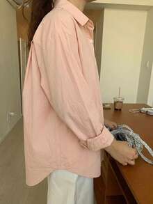 DAZY 女款素色單排扣休閒百搭日常外出襯衫 教師節早午餐 淡粉色 秋季 - 珊瑚粉 - 查看 4