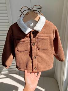 Baby Boy Thermal Lined Thick Collar Long Sleeve Open Front Winter Jacket, Versatile And Comfortable - Brown - View 6
