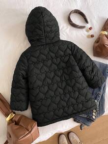 SHEIN Baby Girl Autumn/Winter Cute Black Heart Pattern Thermal Lined Hooded Jacket And Pants Set - Black - View 2