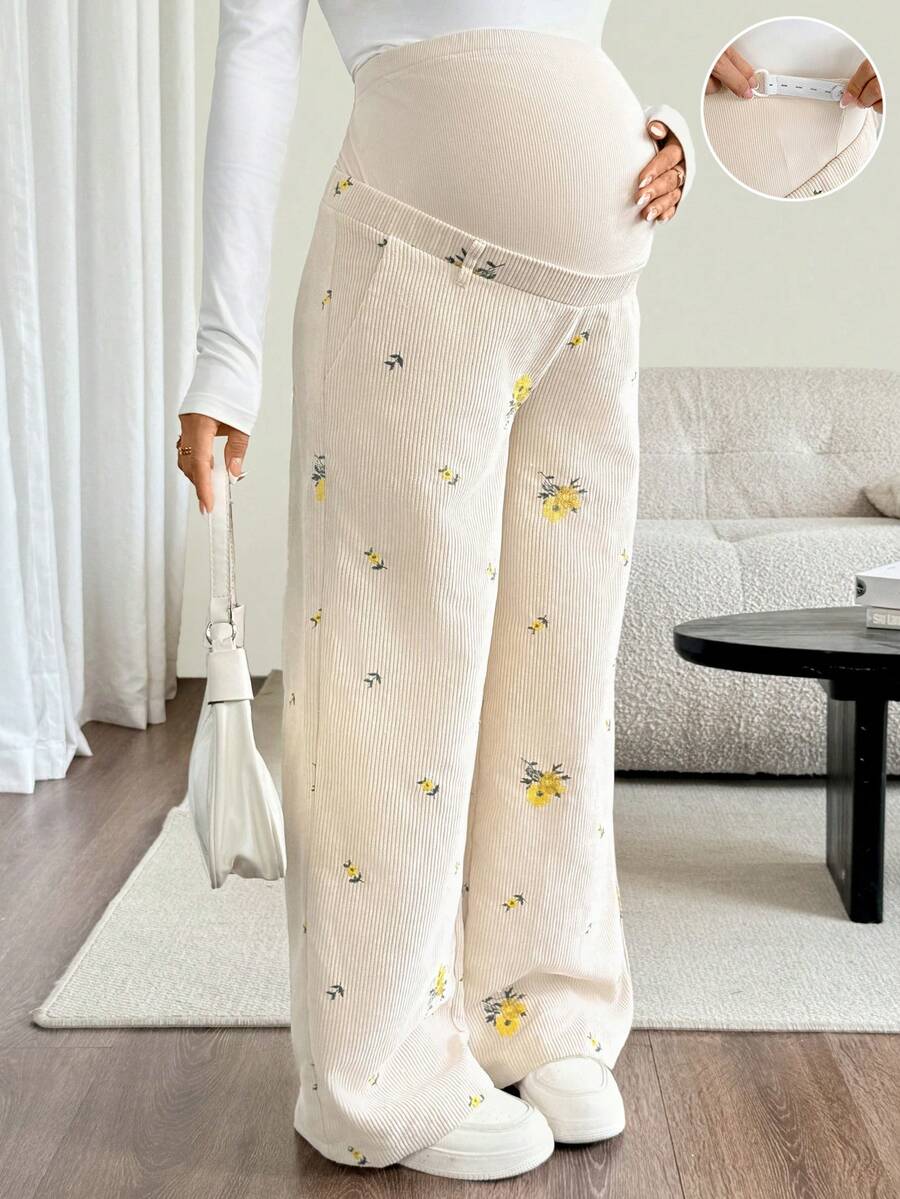SHEIN Maternity Adjustable Waist Floral Pattern Casual Everyday Long Pants,Autumn - Apricot - View 1