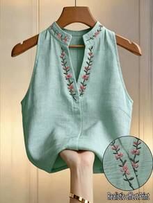 Flora Isola Flora Isola 女款花卉刺繡立領無袖上衣，刺繡上衣，女款夏季穿搭，優雅襯衫，辦公通勤穿搭 - 綠色 - 查看 3