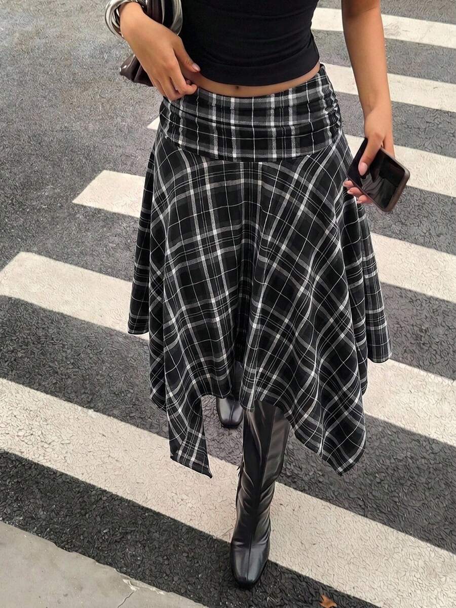 Aloruh 女款春夏新款低腰不對稱下擺格紋裙,復古Y2K街頭風 - 藏蓝色 - 查看 1