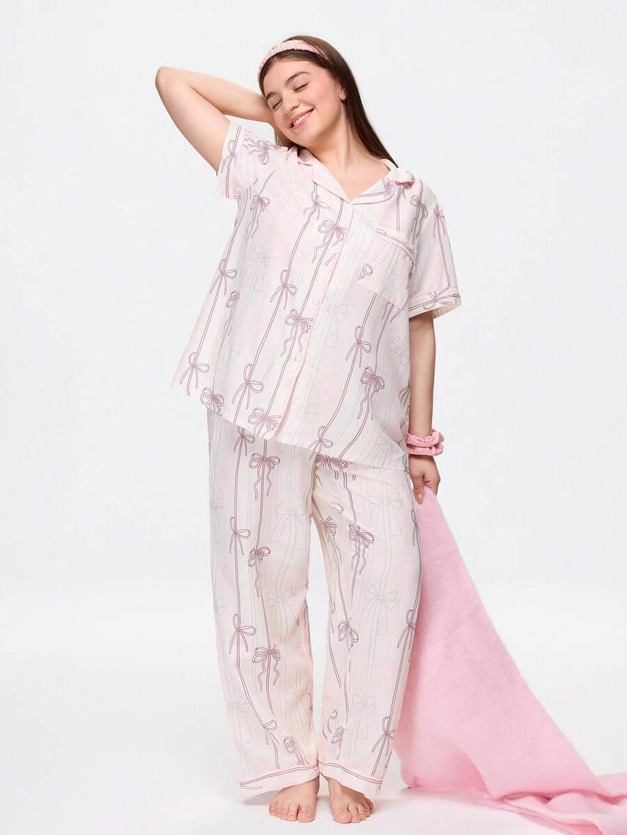 Bonmuse Bow Print Short Sleeve & Long Pants Pajama Set, Plus Size - Apricot - View 1