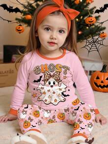 Halloween, Young Girl Casual Minimalist Cute Sweet Ghost, Pumpkin, Bat Pattern, Cream Color, Comfortable Long Sleeve Long Pants Loungewear Suitable For Autumn/Winter, Snug Fit, Looks Of Party, Cute, Cozy, Snug Fit - Multicolor - View 1