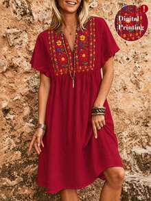 SHEIN LUNE CURVE 春夏度假休閒通勤優雅大尺碼仿刺繡印花洋裝 - 紅色 - 查看 5