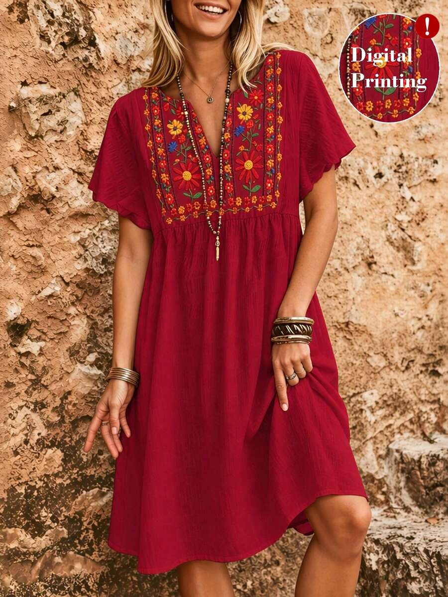 SHEIN LUNE CURVE Spring/Summer Vacation Casual Commute Elegant Plus Size Faux Embroidery Print Dress - Red - View 1