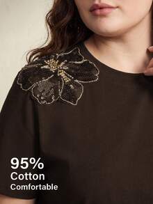 Anewsta Kaos Lengan Pendek Kasual Serbaguna untuk Wanita Ukuran Besar dengan Motif Bunga, Cocok untuk Sehari-hari - Coffee Brown - View 5