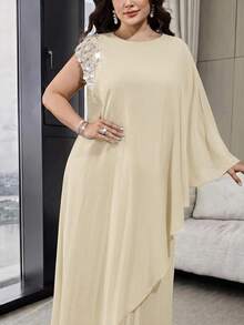 Modelyn Plus Size Women's Faux Pearl Decor Long Top And Pleated Skirt Casual Daily 2-Piece Set - Apricot - View 5