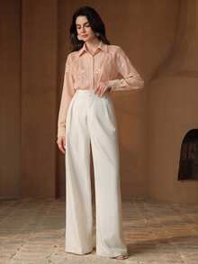 Anewsta New Elegant Heavy Embellished Studded Lace Trim Design Lapel Loose Fit Commuter Women's Blouse - Pink - View 5