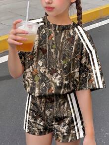 兒童復古拼色灰色大童女孩休閒圓領短袖T恤與短褲兩件套 - 彩色 - 查看 3