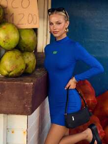 CAJUNI Short Dress With Long Sleeves And High Neck, Brazil Core, Brazil Print. - Blue - View 4