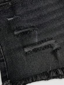 SHEIN Quần short denim mài rách phong cách thường ngày mùa hè cho thiếu nữ - màu đen - Xem 6