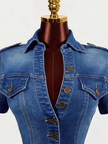 SHEIN 女款時尚街頭單排扣收腰短袖牛仔夾克 - 藍色 - 查看 4