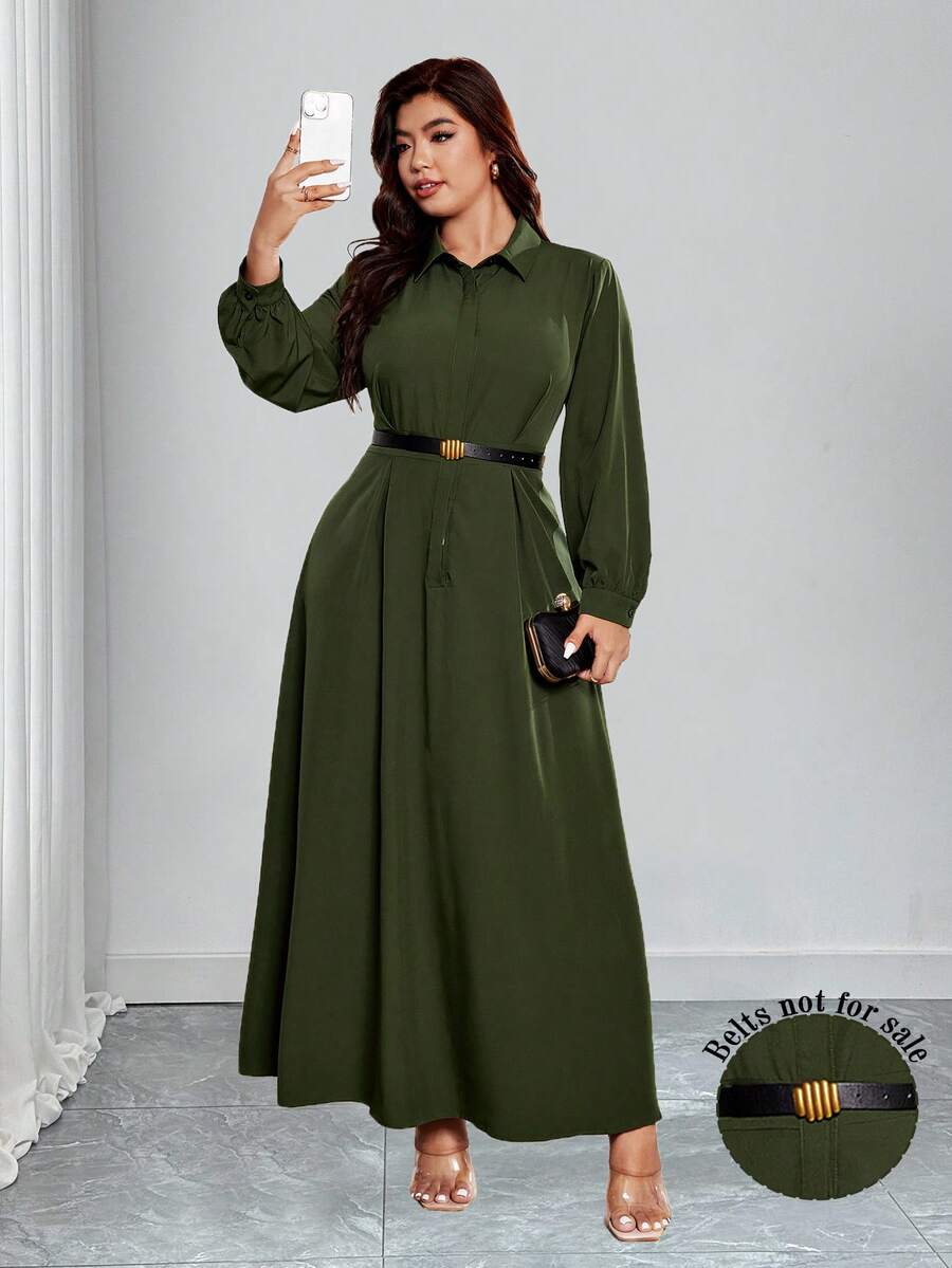 DreamSkyne Plus Size Elegant Commuting Solid Color Lantern Sleeve Dress Fall Cloth For Women - Green - View 1