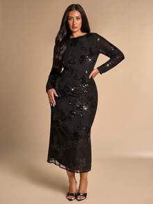 SHEIN BAE CURVE 大尺碼女款黑色網紗亮片長袖洋裝 秋季 - 黑色 - 查看 1