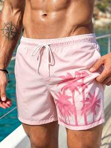Manfinity Swimmode 加大码男士热带棕榈树印花抽绳腰侧口袋沙滩短裤，夏季 - 粉色 - 查看 8