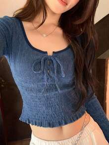 DAZY 女款前綁帶設計長袖修身短版T恤 秋季 - 藍色 - 查看 6