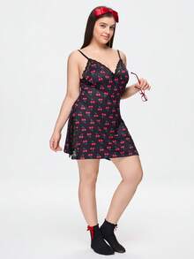 Bonmuse 1 buah Gaun Tidur Camisole Wanita Ukuran Besar Bahan Rayon Motif Ceri dengan Hiasan Renda dan Pita, Belahan Samping - Hitam - View 1