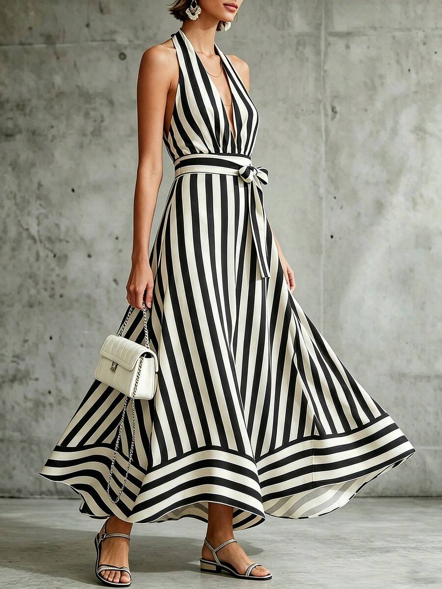 CHARMVALE Striped Asymmetrical Halter Dress For Women - Multicolor - View 1