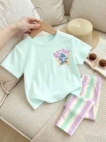 Baby Girl Casual Minimalist Cute Cartoon Blue Rabbit Lulu, Stitch Pattern, Striped, Round Neck Loose Short Sleeve T-Shirt And Leggings Set, Suitable For Spring/Summer, Kawaii, Graphic, Cozy, Vacation Style, Dopamine Color, Looks Of Party - White - View 2