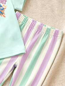Baby Girl Casual Minimalist Cute Cartoon Blue Rabbit Lulu, Stitch Pattern, Striped, Round Neck Loose Short Sleeve T-Shirt And Leggings Set, Suitable For Spring/Summer, Kawaii, Graphic, Cozy, Vacation Style, Dopamine Color, Looks Of Party - White - View 5