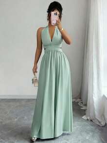 Rafferiza Elegant Sleeveless V-Neck Waist Hollow Design Pleated Dress, Purple, Spring/Summer New Arrival - Mint Green - View 4