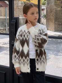 Hapijoa Tween Girl Plaid Loose Fit Autumn Sweater Top, Thick Cardigan, Colorblock Casual Knitwear Winter - Beige - View 4