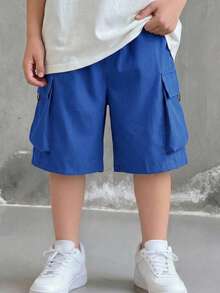 SHEIN Little Byeori 兒童青少年男孩休閒日常舒適 3D口袋 寬鬆素色梭織短褲 - 寶藍色 - 查看 2