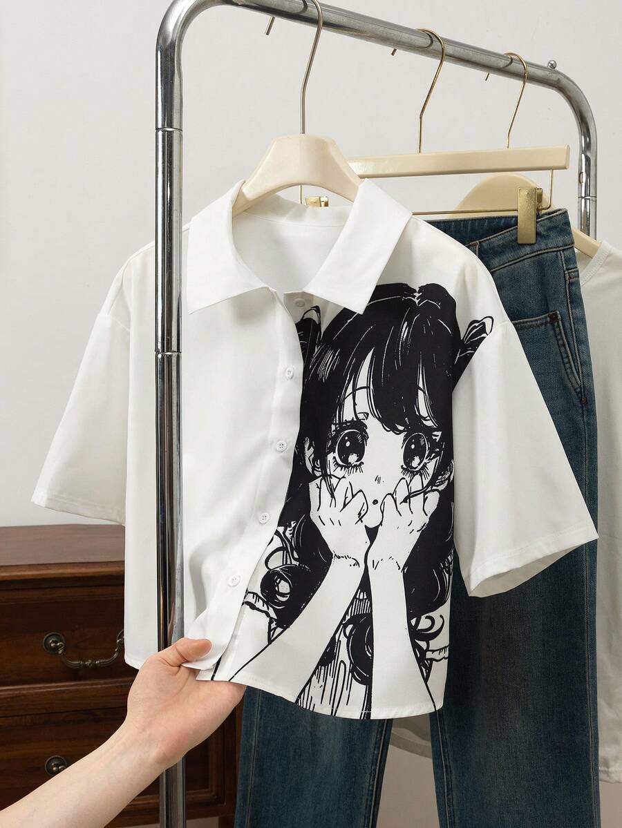 SHEIN 青少年女孩黑白格紋字母印花短袖上衣,襯衫領,落肩設計,低領口,女孩格紋字母印花短袖上衣,適合日常穿著、外出,春夏季 - 白色 - 查看 1