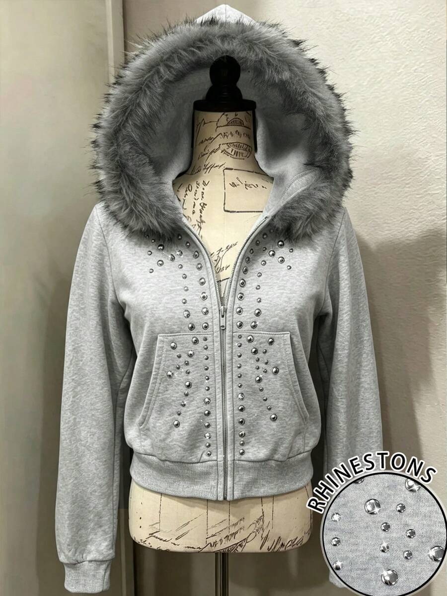 Lalippa 女款毛絨連帽拉鍊休閒日常長袖衛衣,飾有鉚釘裝飾 - 彩色 - 查看 1