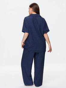 Bonmuse Summer Cute Plaid Print Patch Pocket Bear Embroidery Pattern Front Button Short Sleeve Long Pants Women Plus Size Pajama Set Homewear Set - Multicolor - View 2