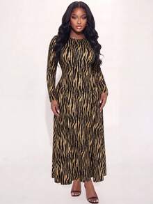 Poshavie Poshavie Plus Size Women's Classic Leopard Print Dress, Fashionable Ruched Patchwork Design, Elastic Fabric With Inclusive Fit, Waist-Flattering, Black Autumn - Multicolor - View 6
