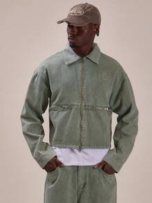 Musero Relaxed Fit Wash Denim Jacket Kangaroo Pocket With Exposed Zip Detail Spring Summer Essentials Co Ord Jacket Only - Green - View 1