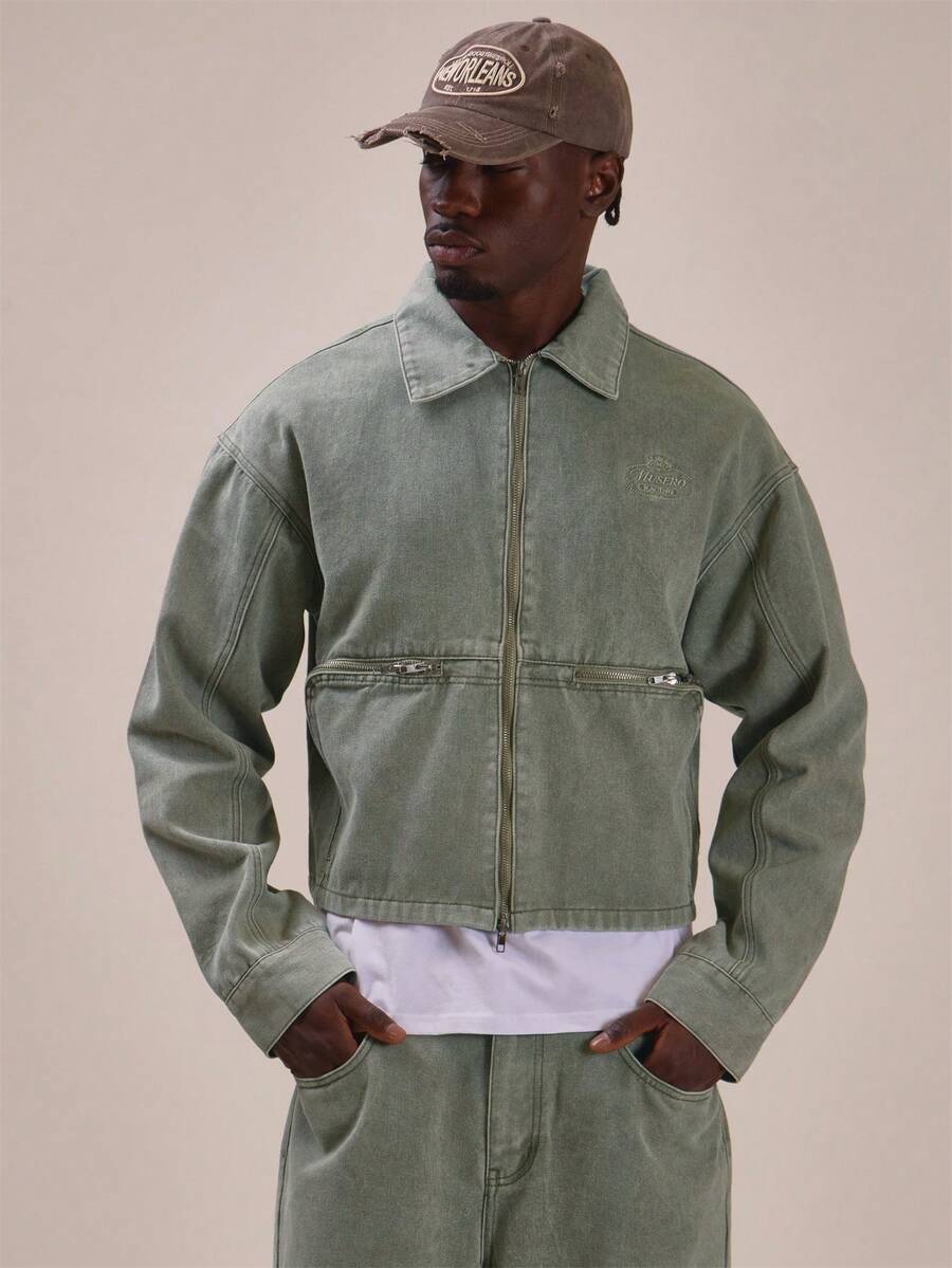 Musero Relaxed Fit Wash Denim Jacket Kangaroo Pocket With Exposed Zip Detail Spring Summer Essentials Co Ord Jacket Only - Green - View 1
