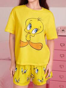 LOONEY TUNES X SHEIN 女款卡通印花短袖T恤與短褲睡衣套裝 - 黃色 - 查看 4