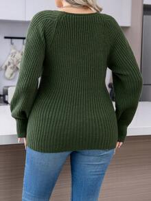 SHEIN LUNE Plus Sweetheart Neck Lantern Sleeve Sweater, Winter Knit Pullover Fall Autumn - Green - View 2