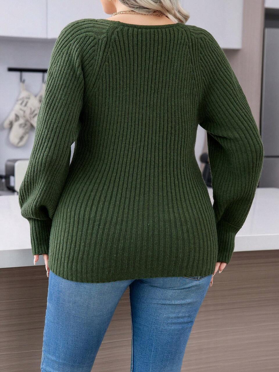 Plus Sweetheart Neck Lantern Sleeve Sweater, Winter Knit Pullover Fall Autumn