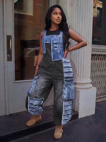 BriallanyX BriallanyX Plus Size Denim Super Loose Patchwork Overalls - Multicolor - View 2
