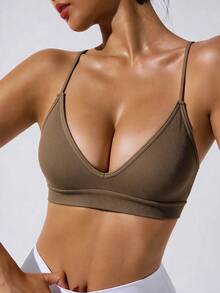 Slayform Slayform Women's Olive Green Seamless Cleavage Sports Sporty Athleisure Tank Top Gym Summer - Brown - View 5