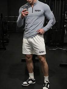 GymBeat Manfinity Fitness 男士字母图案四分之一拉链运动夹克，适合健身穿着，返校季主题，透气舒适。 - 灰色 - 查看 3