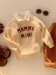 SHEIN 男嬰字母圖案 Mama's Boy 針織柔軟圓領長袖套頭毛衣 百搭舒適 秋冬返校服飾 - 杏色 - 查看 6