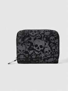 ROMWE Grunge Punk محفظة قصيرة بسحاب بتصميم جمجمة داكن، حقيبة بطاقات محمولة متعددة البطاقات، محفظة PU بأسلوب شارع شخصي - الأسود - مشاهدة 1