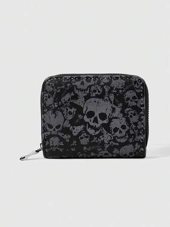Grunge Punk Cartera corta con cremallera de calavera estilo Dark Wind, bolsa portátil para monedas y tarjetas con múltiples compartimentos, cartera de PU personalizada estilo callejero
