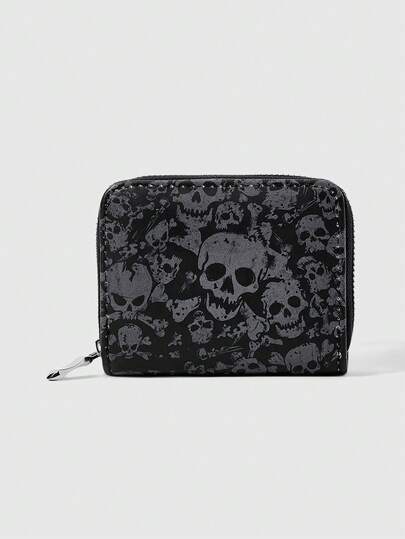 Grunge Punk Dark Wind Full Of Skull Zipper Short Wallet, Multi-Card Portable Change Card Bag, Personalized Street Wind PU Wallet