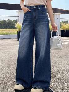 DAZY Women's Fashion Versatile Button Pocket Wide Leg Denim Jeans - Blue - View 3