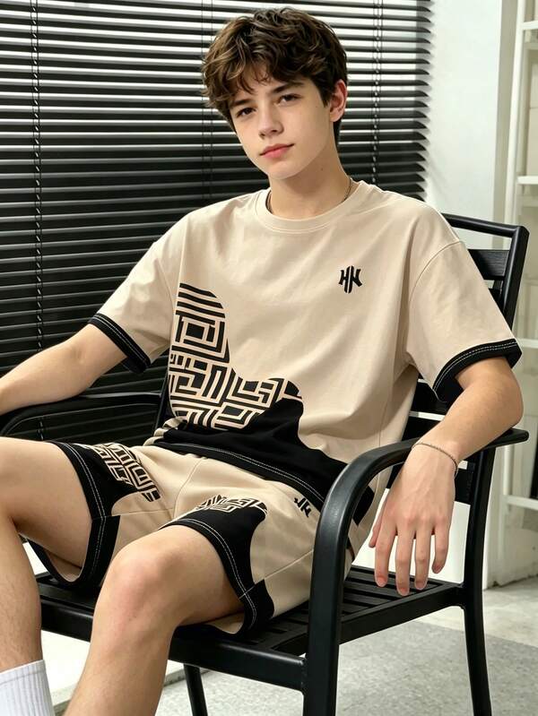Tween Boys Colorblock Geometric Print 2-Piece Set Round Neck Short Sleeve T-Shirt & Shorts Outfit, Summer New Brand Loose Fit Versatile Casual Wear For Students & Teens, Daily Commute, Outings, Vacation, Sports, Minimalist High Street Fashion, Contrast Edge Design, Niche Influencer Style, Couple Wear, Flattering For All Body Types, Easy Matching, Multi-Scenario Suitable, Hot-Selling Best Seller