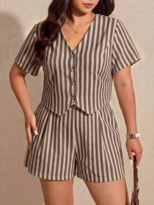 Melodosi Plus Size Striped Single-Breasted Shirt And Casual Shorts 2 Pieces Set - Multicolor - View 6